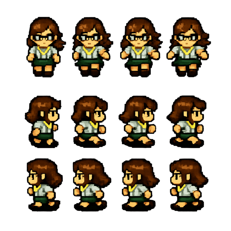Pixel art female character walk cycle sprite sheet
